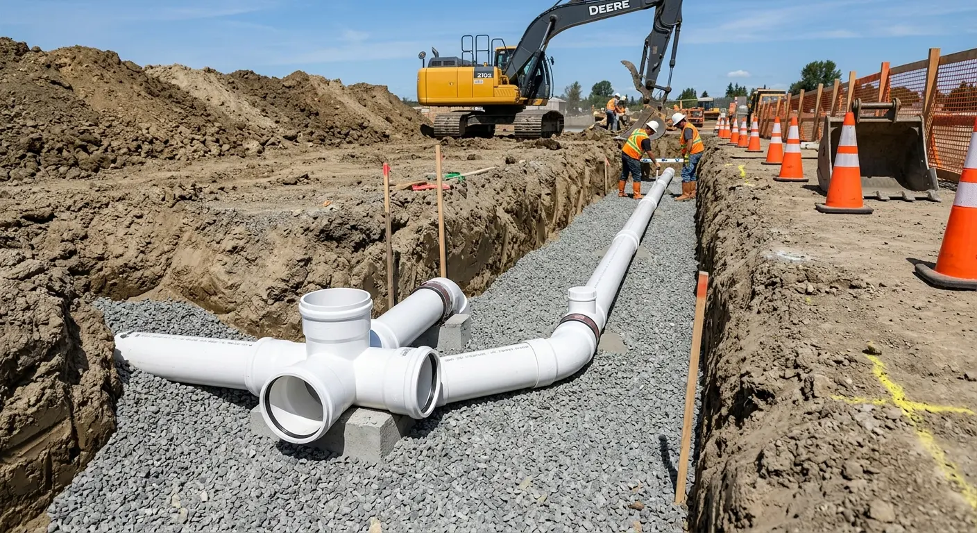 New PVC sewer pipe installation in open trench for Commercial Drain Cleaning in Monroe